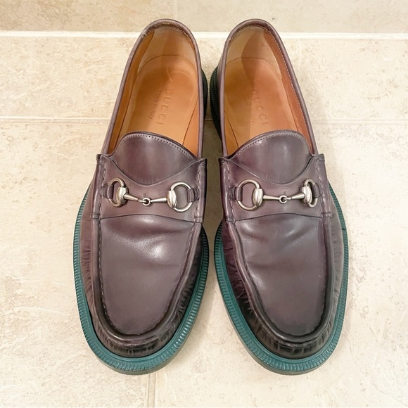 Gucci Men’s Brown Leather Green Sole Horsebit Loafers - Picture 1 of 12